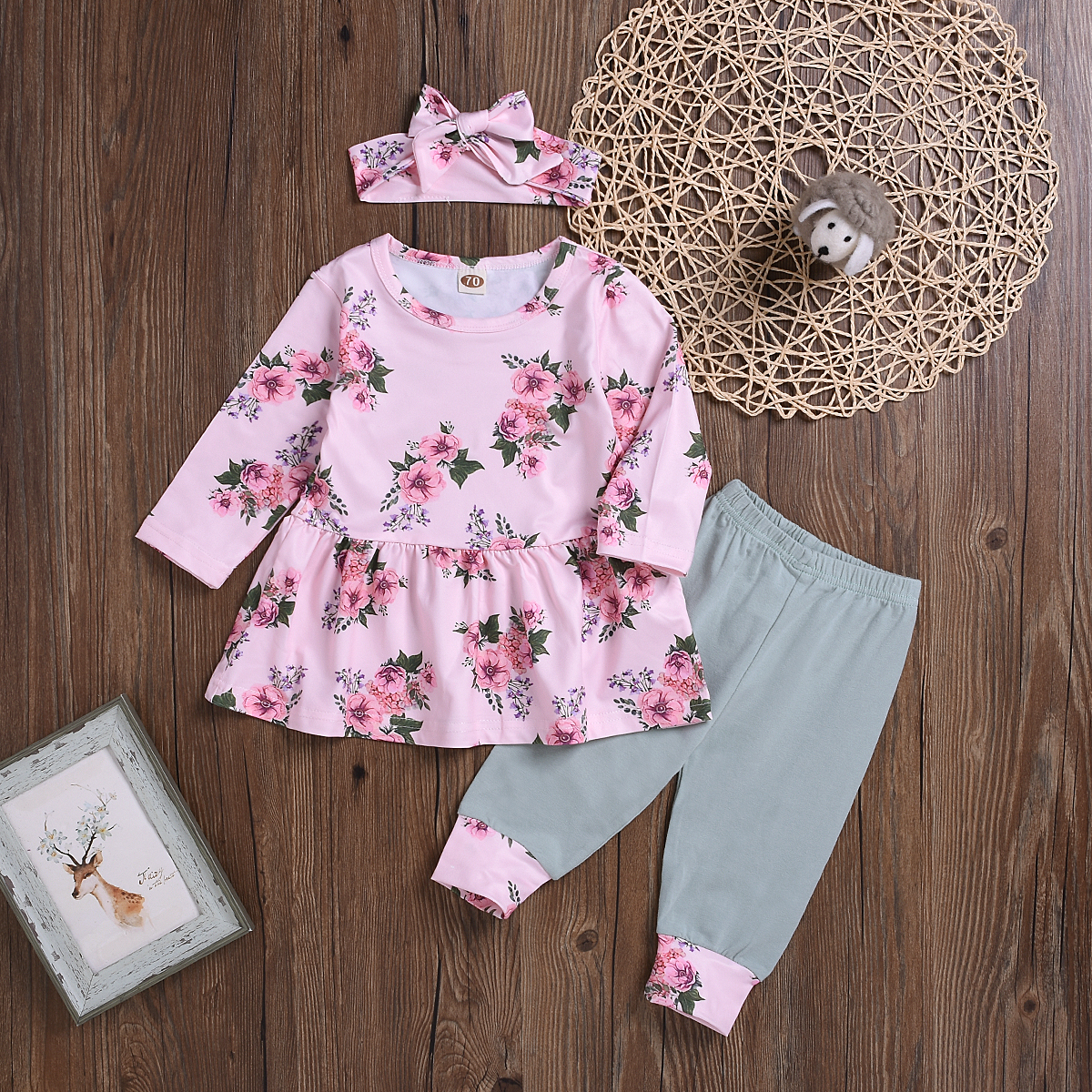 

3-piece Baby Pretty Floral Print Long-sleeve Top and Pants with Headband Set