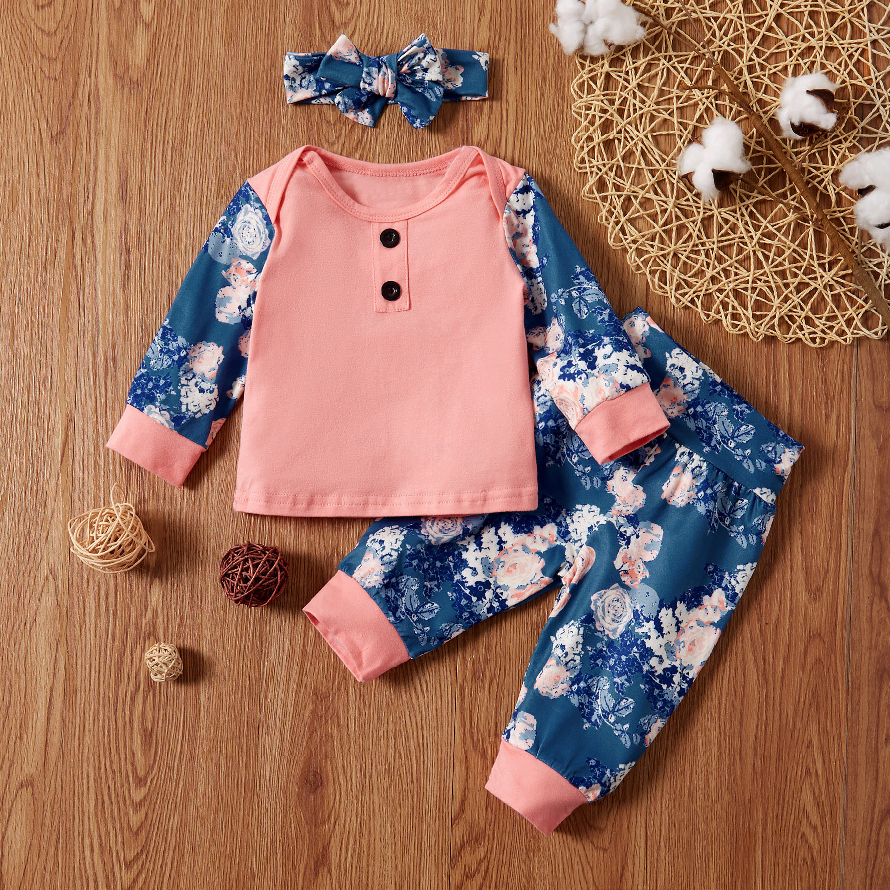 

3-piece Baby Girl Pretty Floral Print Long-sleeve Top and Pants with Headband Set