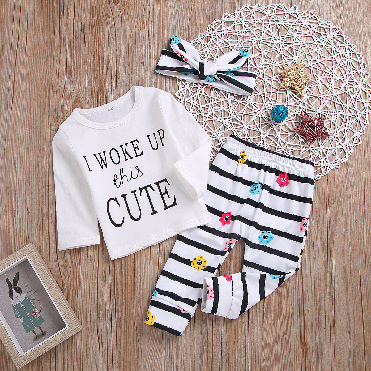 

3-piece Baby Girl I WOKE UP THIS CUTE Long-sleeve Tee and Striped Pants with Headband Set