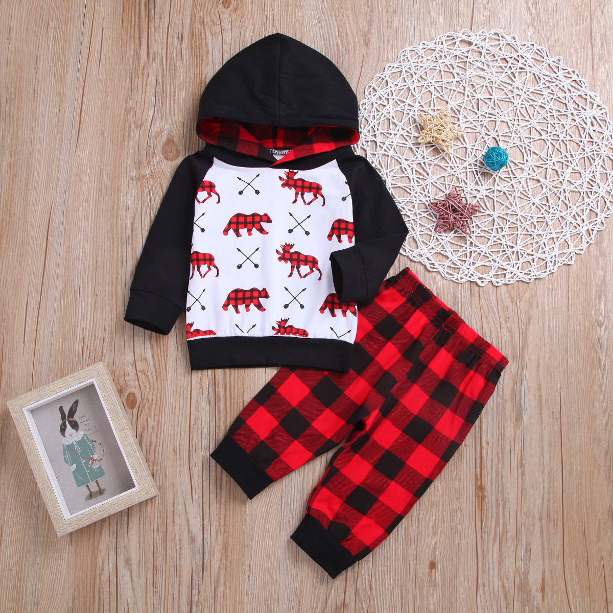 

Baby Trendy Animal Print Long-sleeve Colorblock Hoodie and Plaid Pants Set