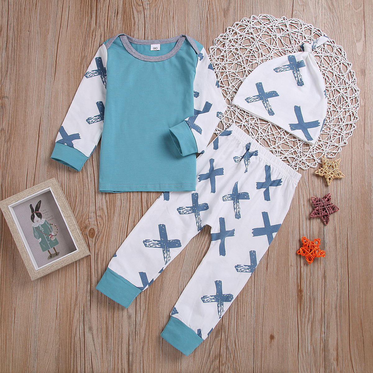 

3-piece Baby Stylish Crisscross Print Long-sleeve Tee and Pants with Hat Set