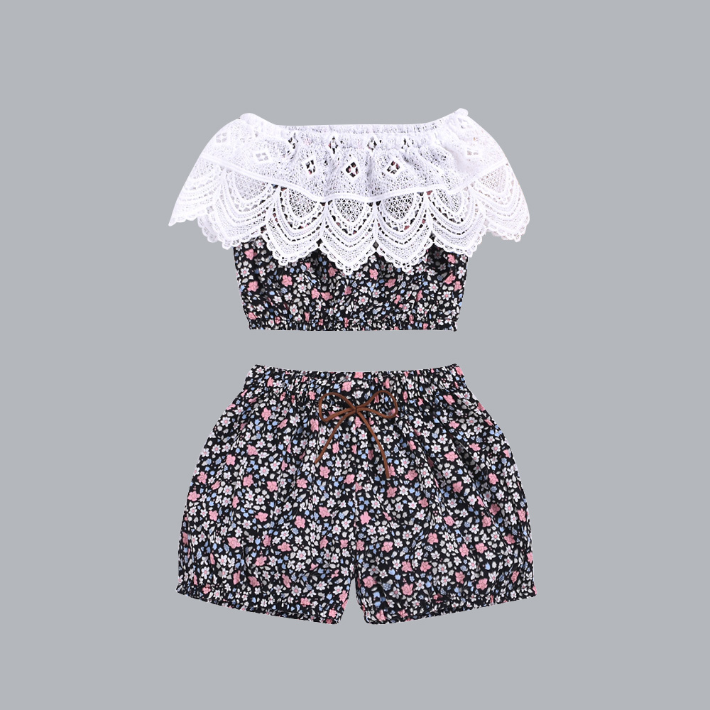 

Baby Girl Pretty Flower Allover Lace Off Shoulder Top and Shorts Set