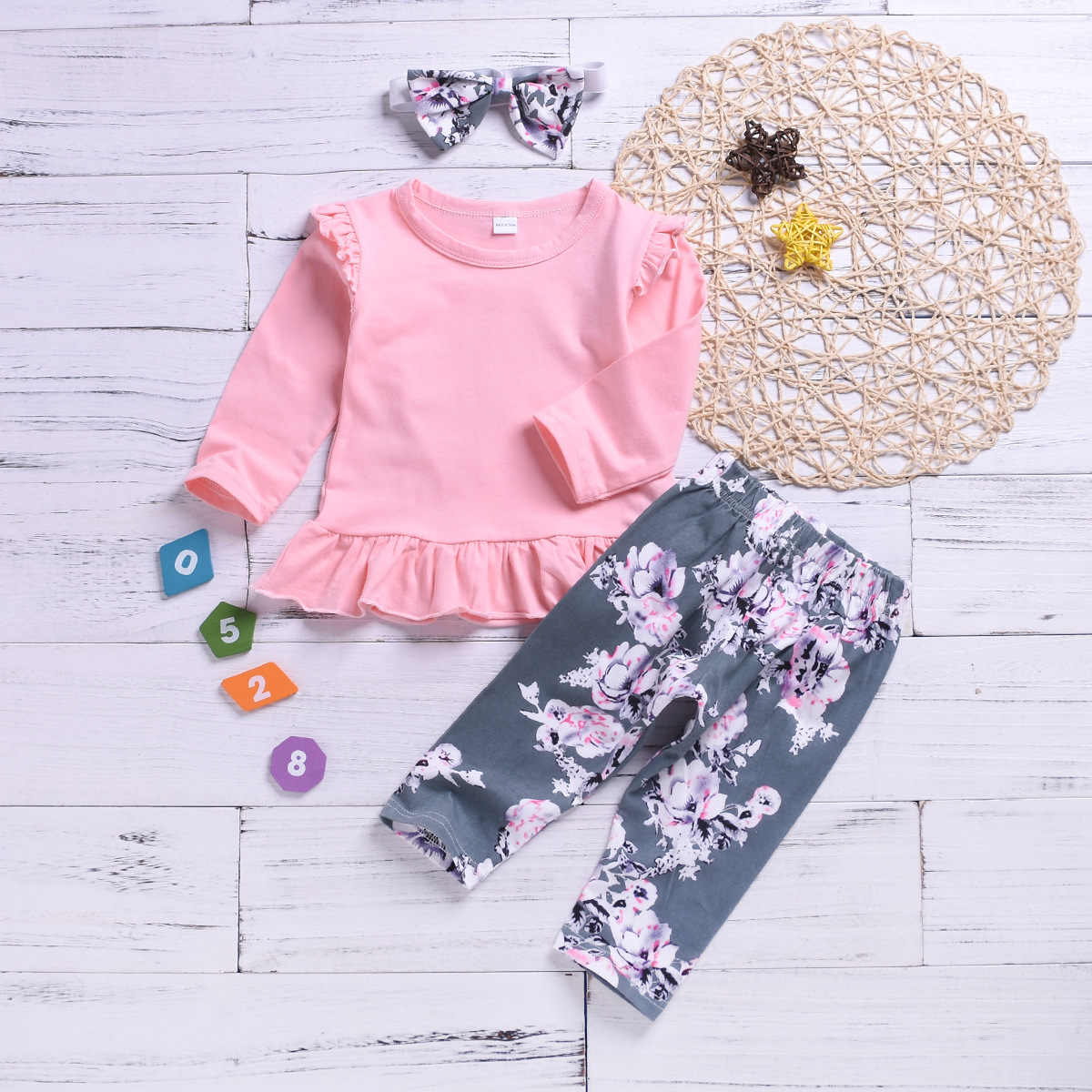 

3-piece Baby Girl Ruffled Long-sleeve Top and Floral Pants with Headband Set