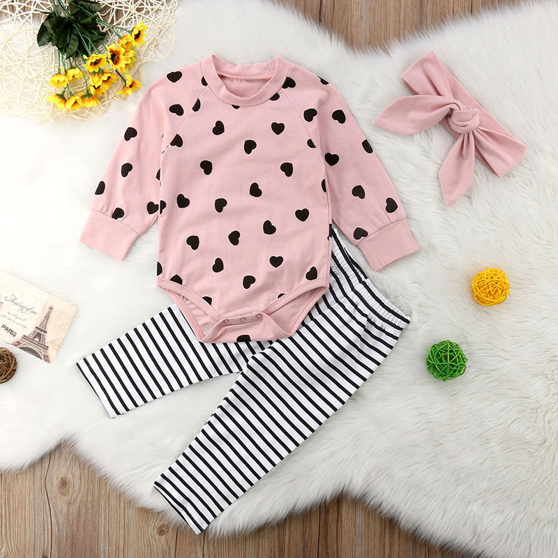 

3-piece Baby Girl Heart Print Bodysuit and Striped Pants with Headband Set
