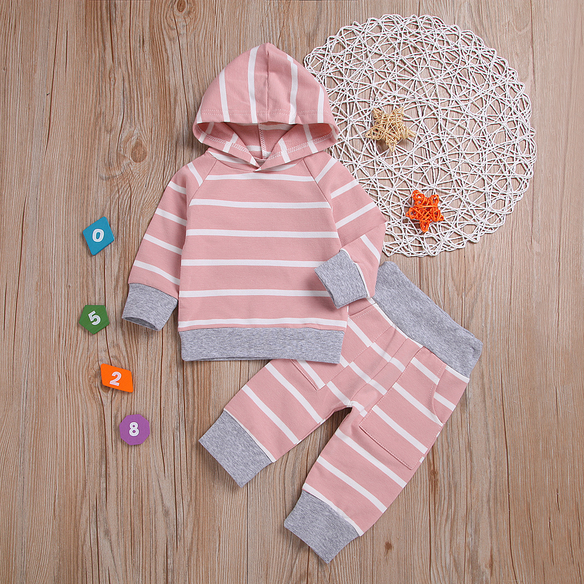 

Baby Girl Striped Long-sleeve Hoodie and Pants Set