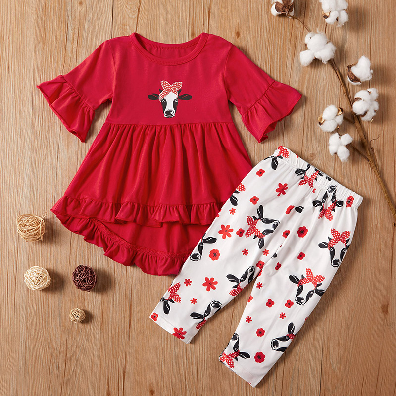 

2-piece Baby / Toddler Girl Stylish Cow Print Tee and Pants Set