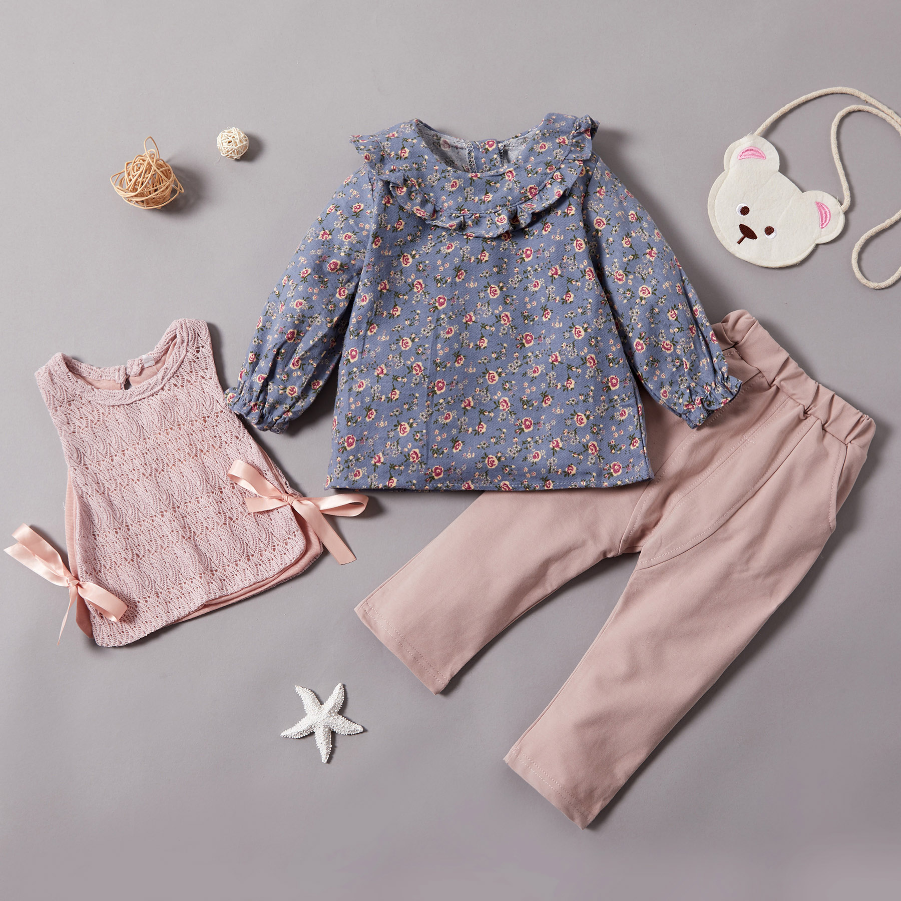 

3-piece Baby / Toddler Floral Print Doll Collar Top and Bowknot Vest with Solid Pants Set