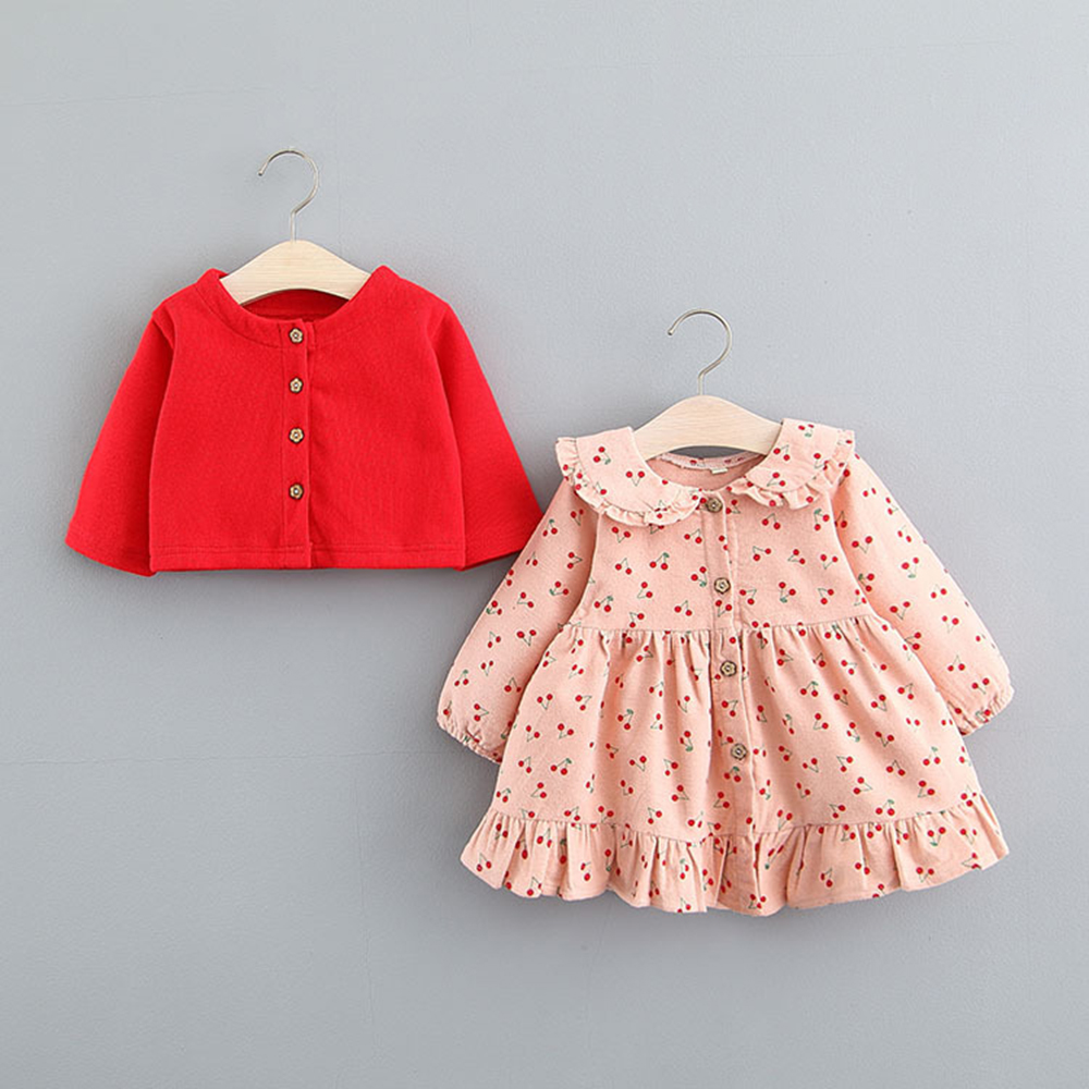 

2-piece Baby / Toddler Trendy Solid Cardigan and Cherry Long-sleeve Dress Set