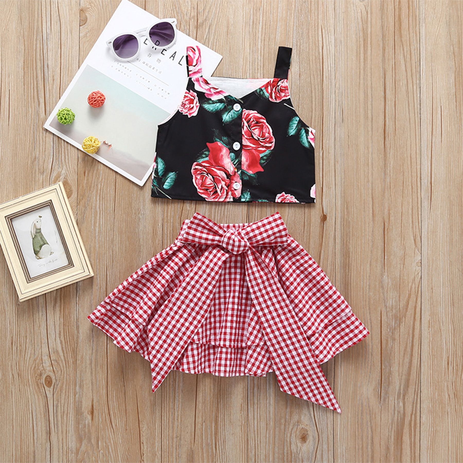 

2-piece Floral Tank Top and Plaid Skirt for Baby / Toddler Girl