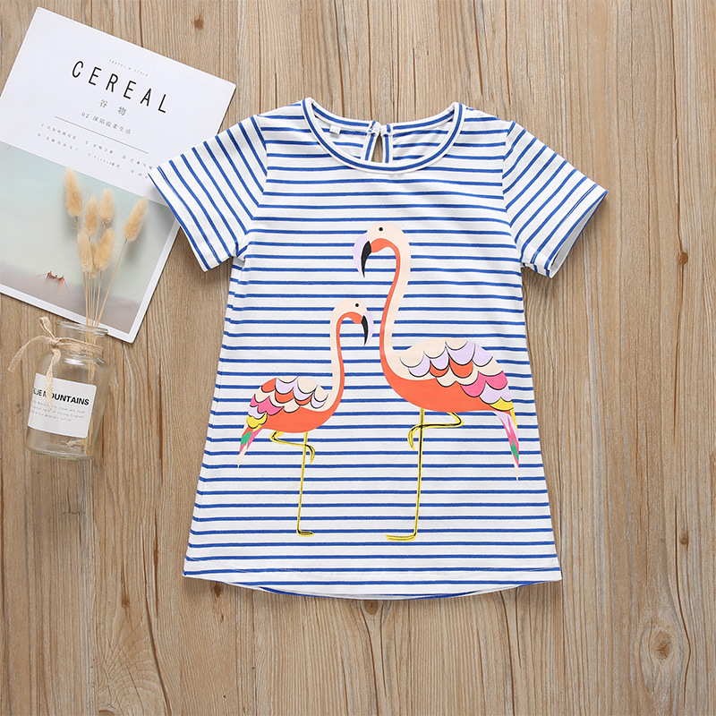 

Summer Striped Print Cartoon Animal Short-sleeve Dress for Girl