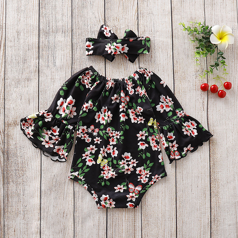 

2-piece Baby Girl Floral Allover Long-sleeve Romper and Headband