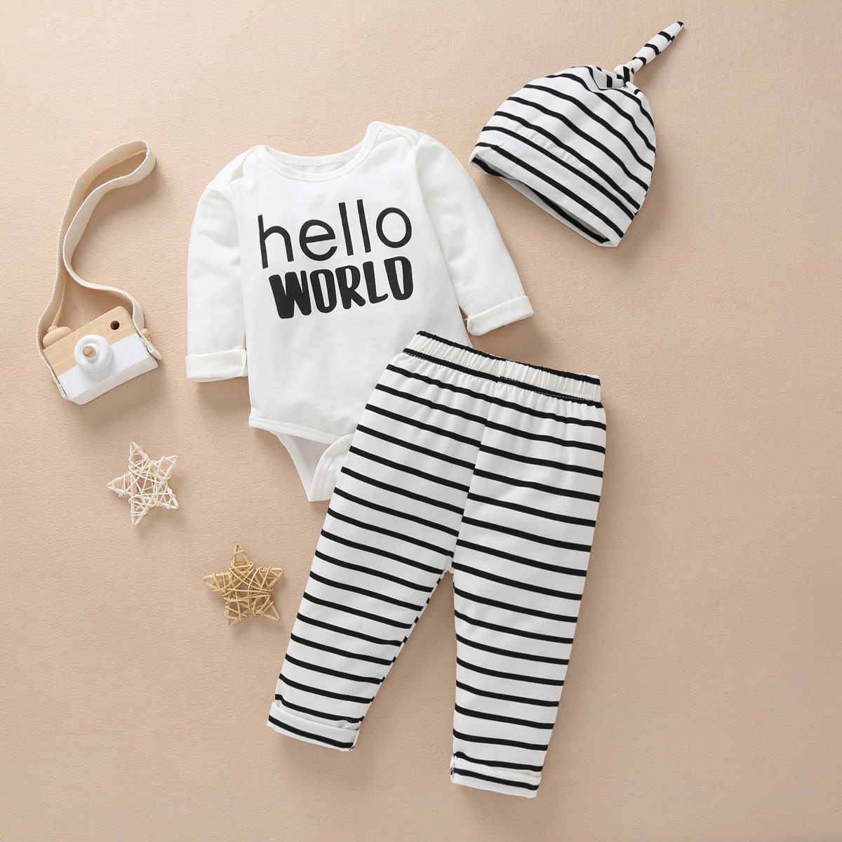 

3-piece Baby / Toddler HELLO WORLD Print Bodysuit and Striped Pants with Hat Set