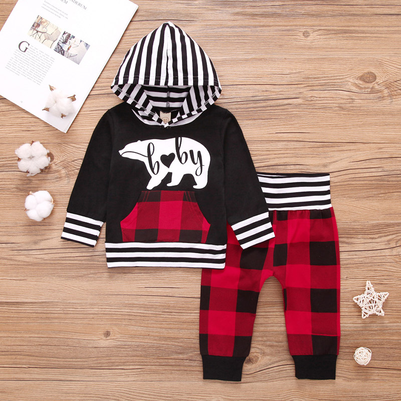 

Baby Boy / Girl Bear Print Striped Hoodie and Plaid Pants Set