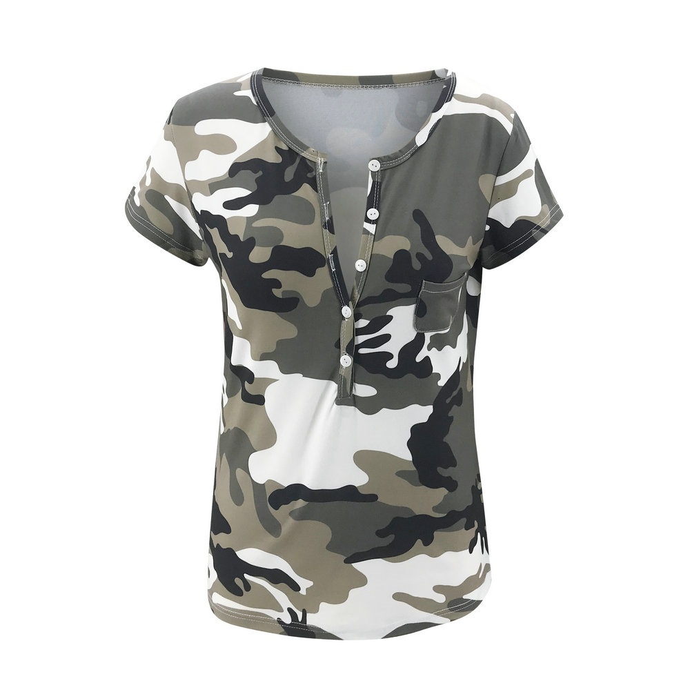 

V-neck Camouflage Army green full print Short Sleeve casual T-shirt