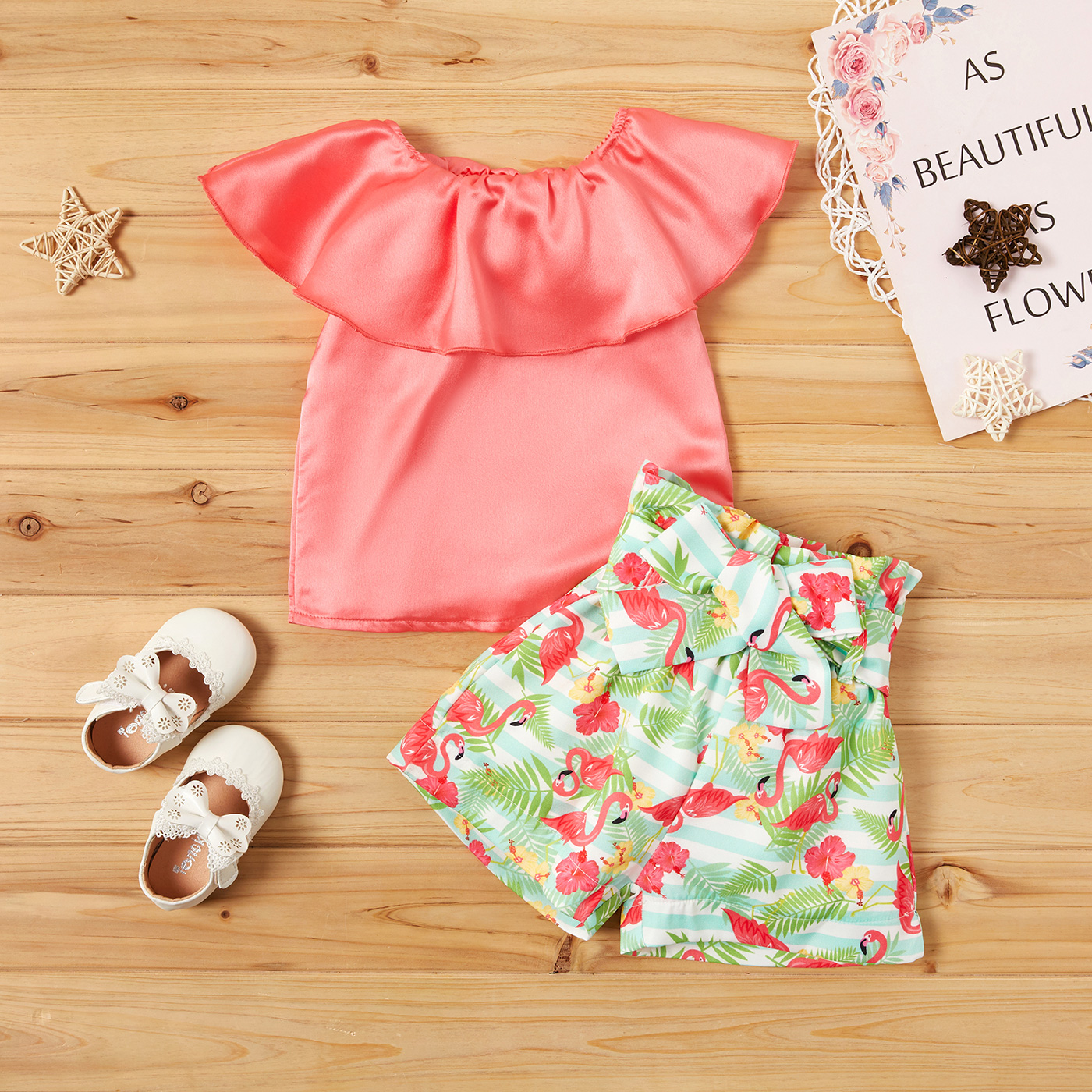 

Baby Flounced Collar Flamingo Print Top and Shorts Set