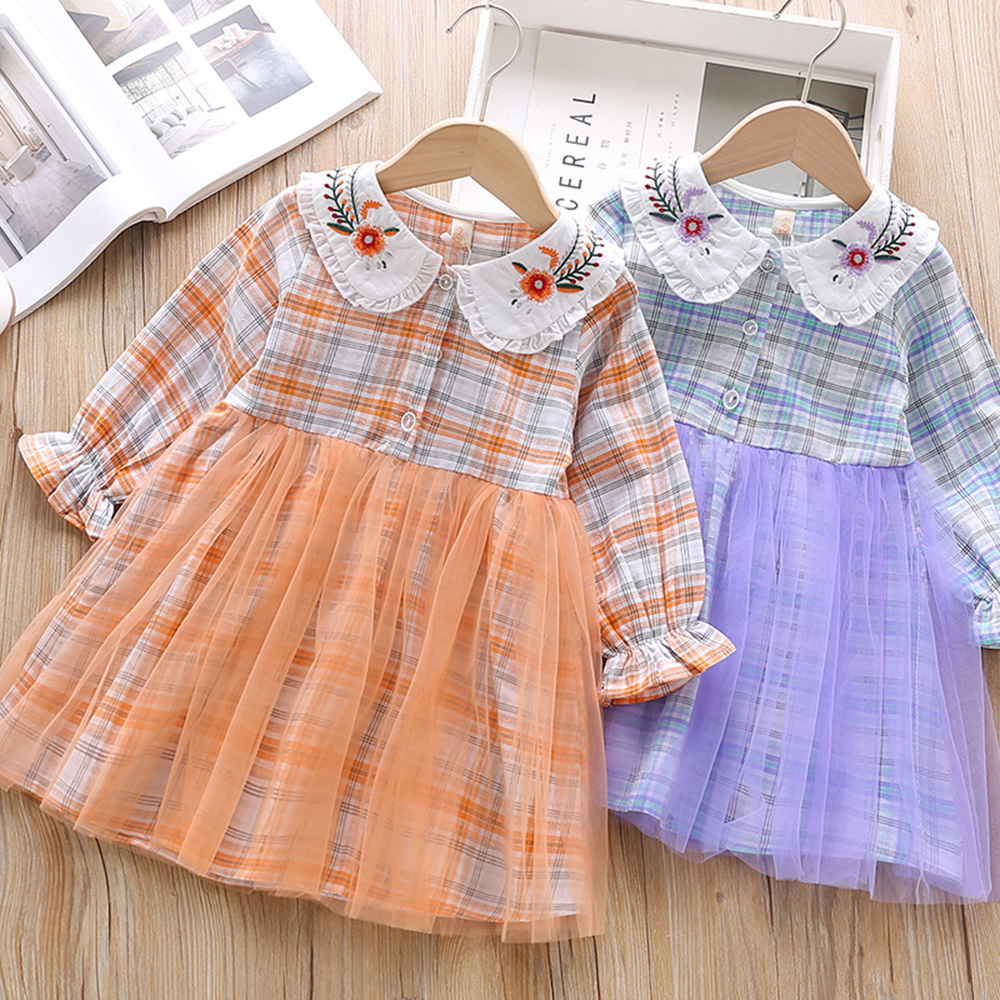 

Baby / Toddler Sweet Floral Embroidered Plaid Tulle Long-sleeve Dress