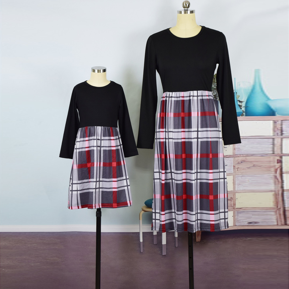 

Long-sleeve Plaid Stitching Fitted Matching Dresses