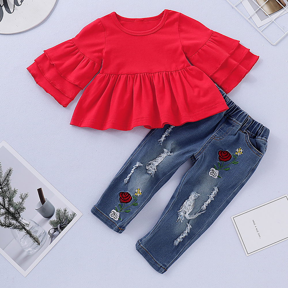 

Baby / Toddler Stylish Layered Sleeve Top and Rose Embroidery Jeans Set
