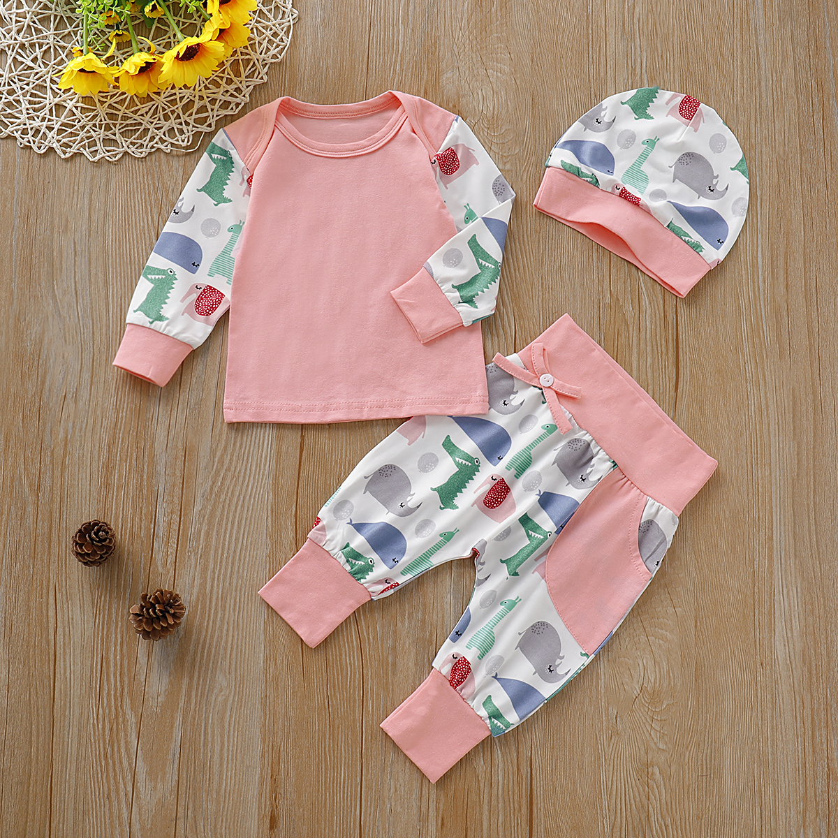 

3-piece Baby Girl Lovely Dinosaur Print Long-sleeve Tee and Pants with Hat Set