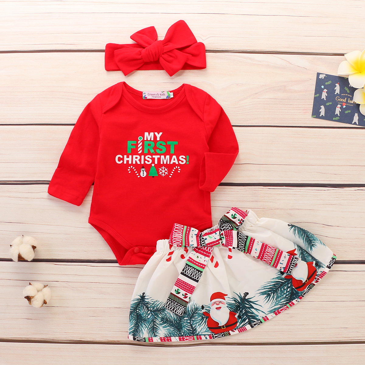 

3-piece Baby / Toddler MY FIRST CHRISTMAS Romper and Santa Skirt with Headband Set
