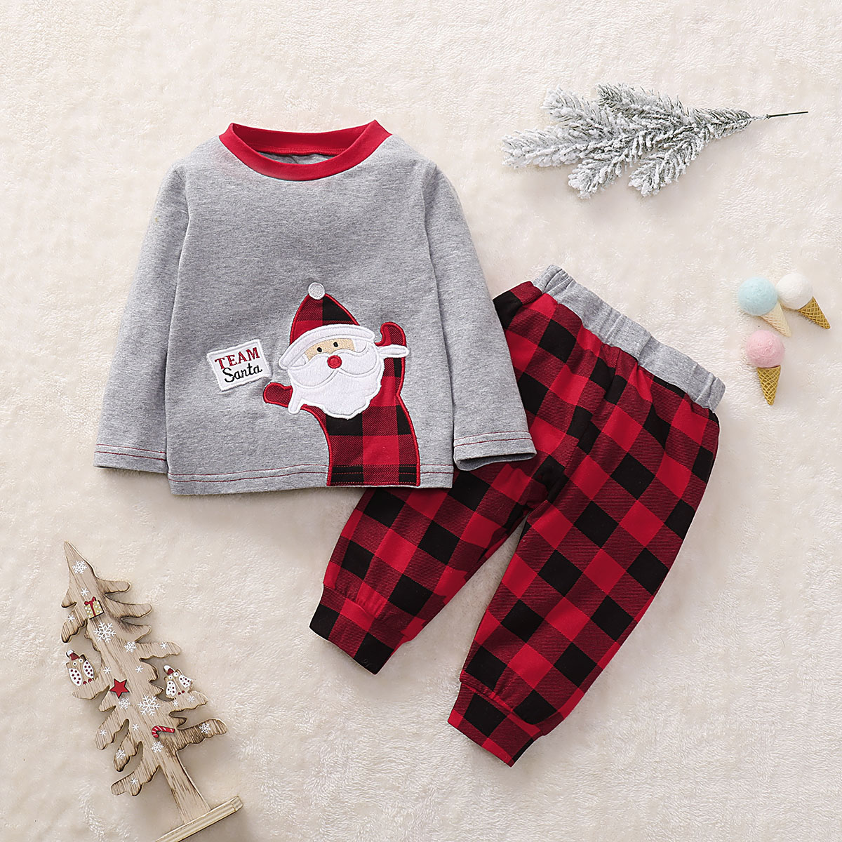 

Baby Christmas Santa Embroidery Long-sleeve Top and Plaid Pants Set