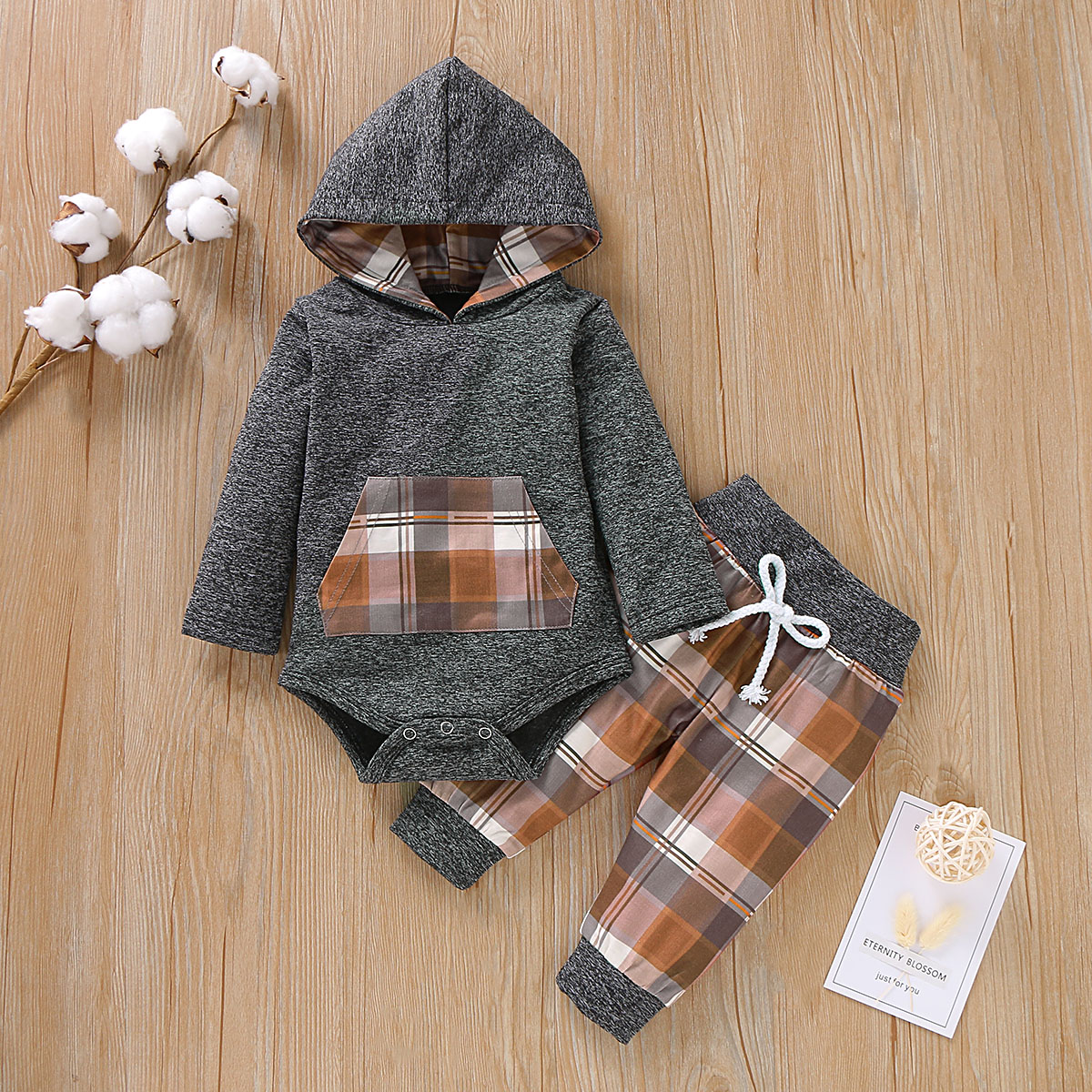 

Baby Boy Plaid Hooded Bodysuit and Pants Set