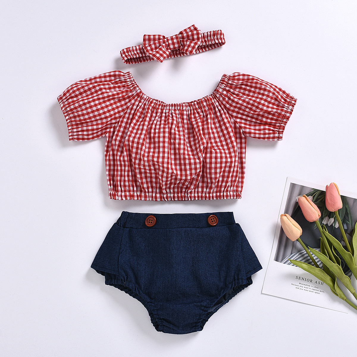 

3-piece Plaid Short-sleeve Top and Denim Shorts Set