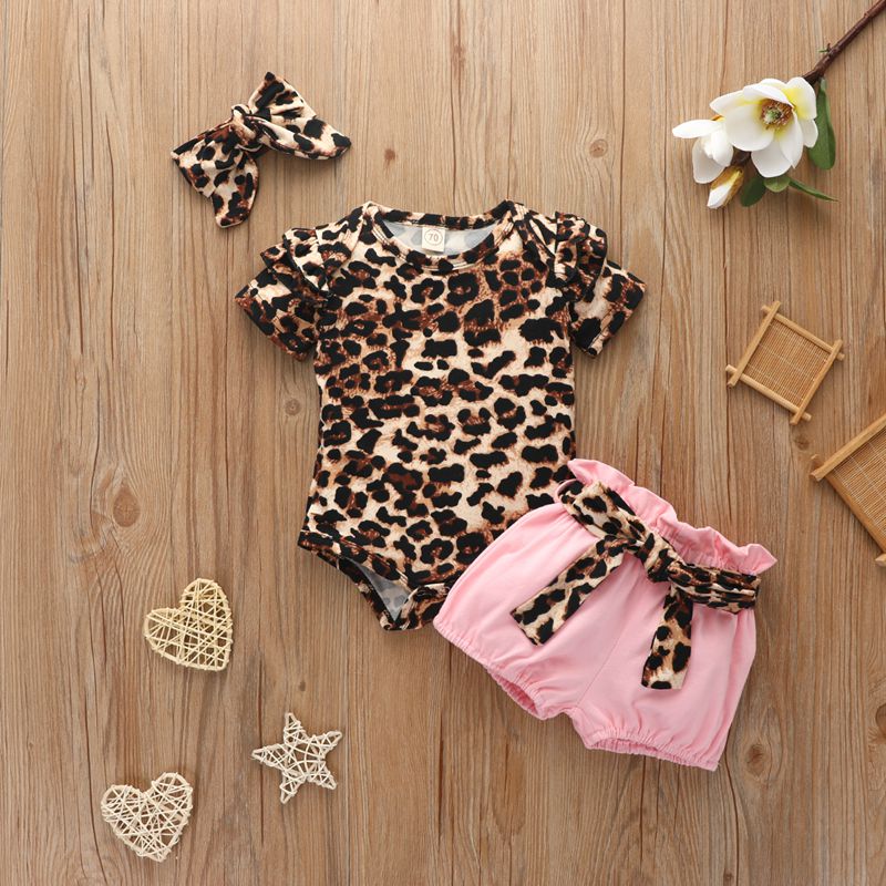 

Baby Girl Leopard Romper and Solid Shorts Set with Headband
