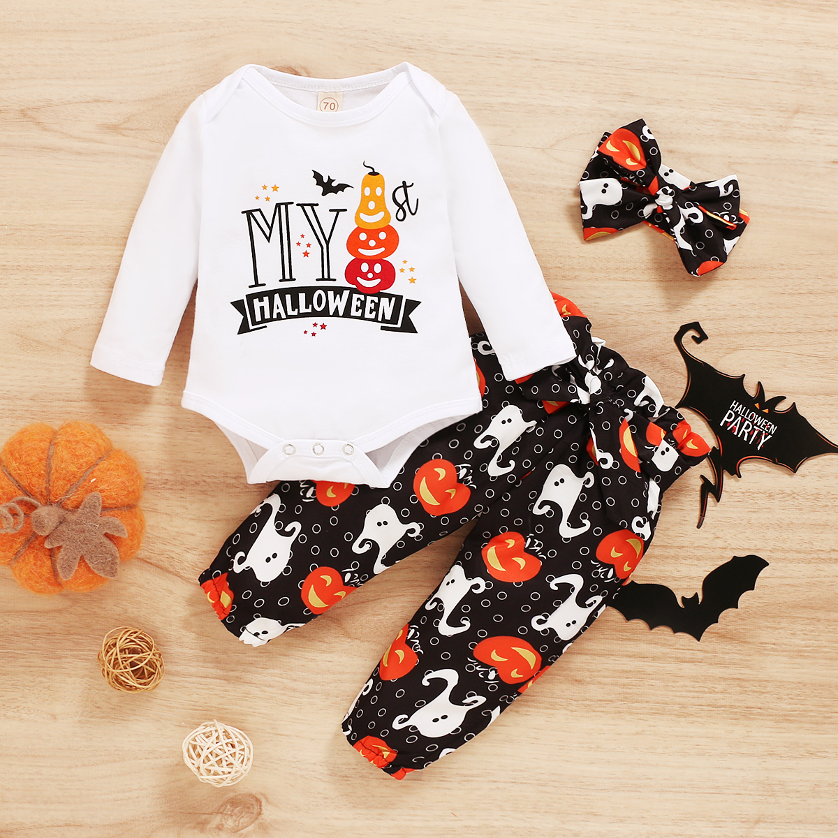 

3pcs Halloween Style Letter Print Long-sleeve White Baby Set