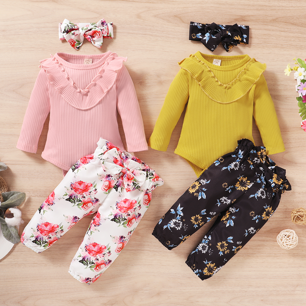

3pcs Baby Girl Sweet Floral Baby's Sets Long-sleeve Romper Infant Clothing Outfits
