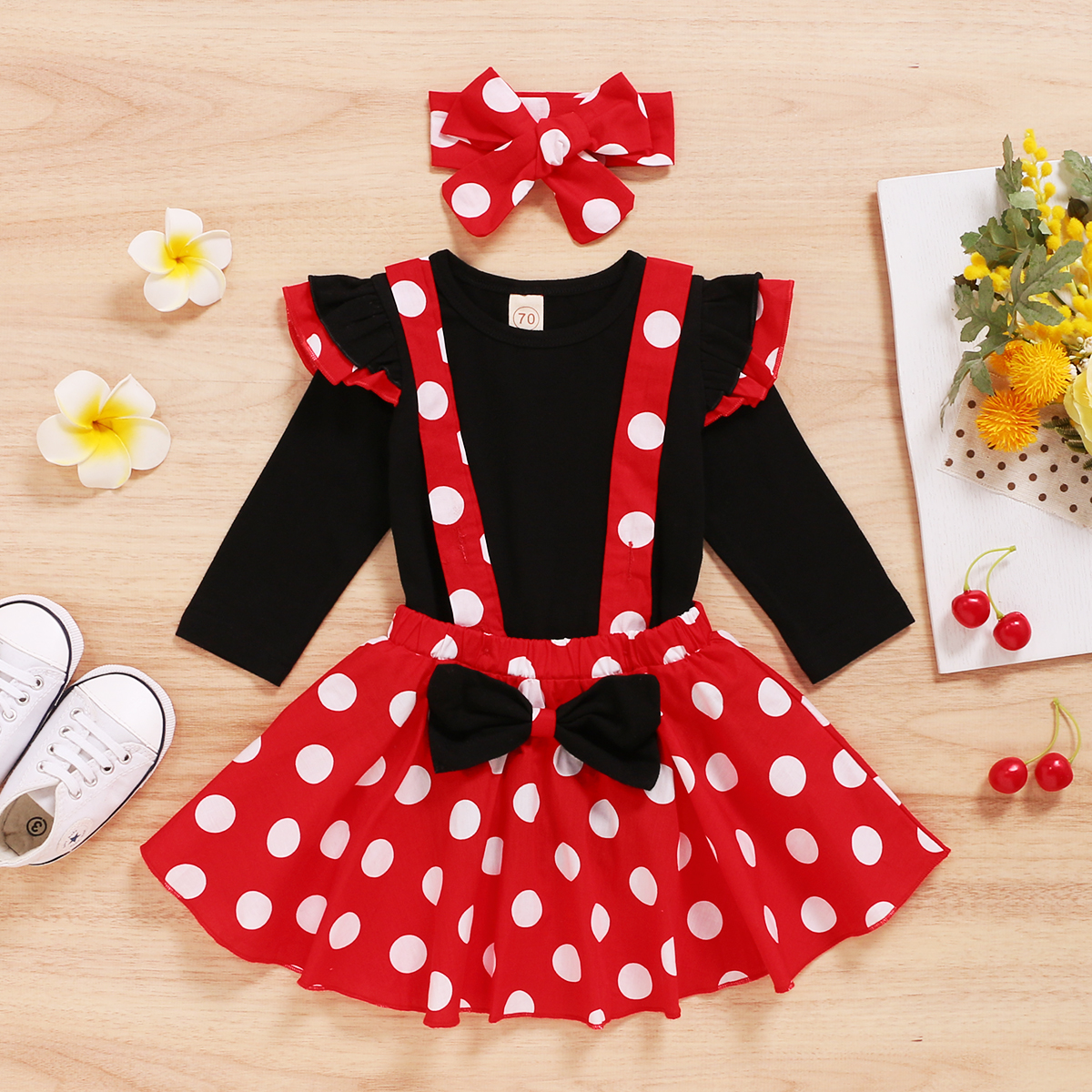 

3pcs Polka Dots Print Long-sleeve Black and Red Baby Set