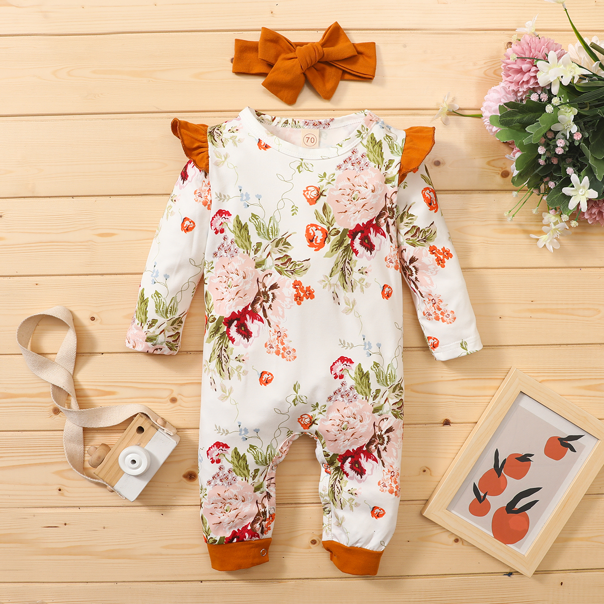 

2-piece Baby Floral Ruffled Jumpsuit and Headband Set