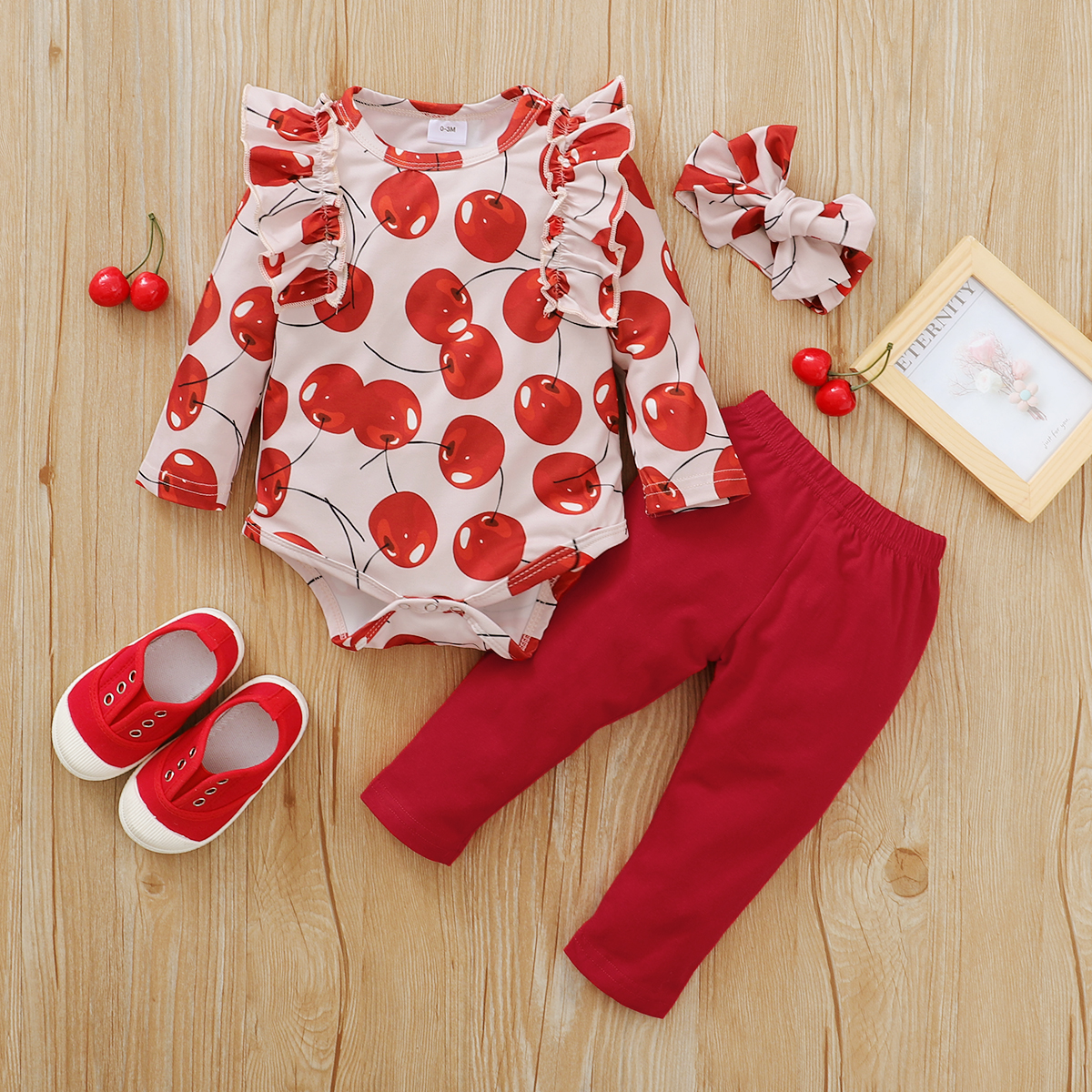 

3pcs Baby Girl Sweet Cherry Baby's Sets Romper Cotton Fashion Long Sleeve Infant Clothing Outfits