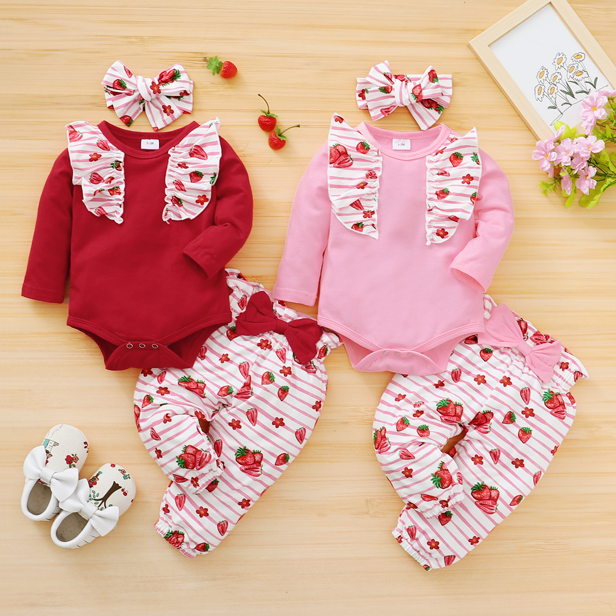 

3pcs Baby Girl Sweet Strawberry Baby's Sets Romper Cotton Fashion Long Sleeve Infant Clothing Outfits