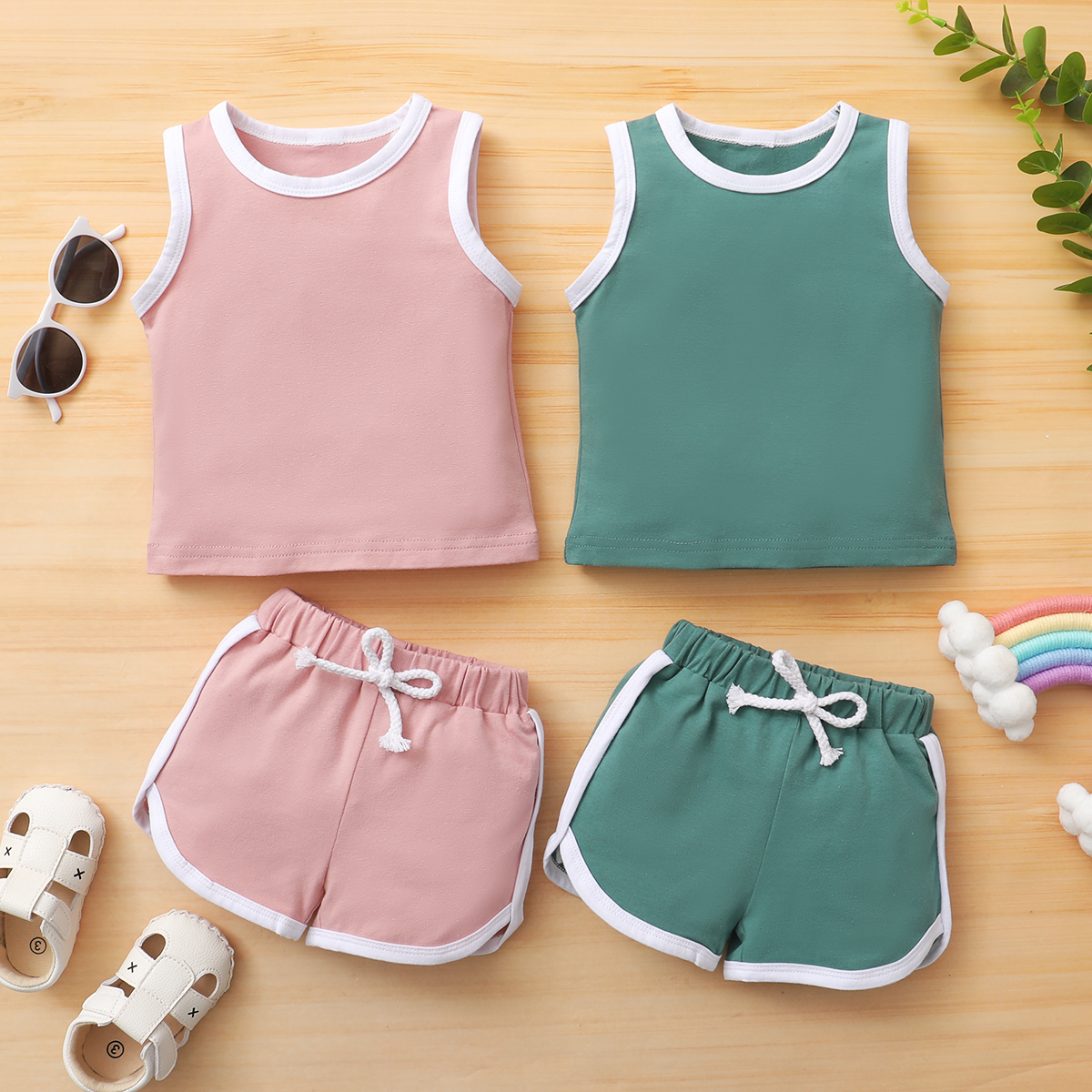 

2pcs Baby Unisex casual Sleeveless Solid Cotton Baby's Sets