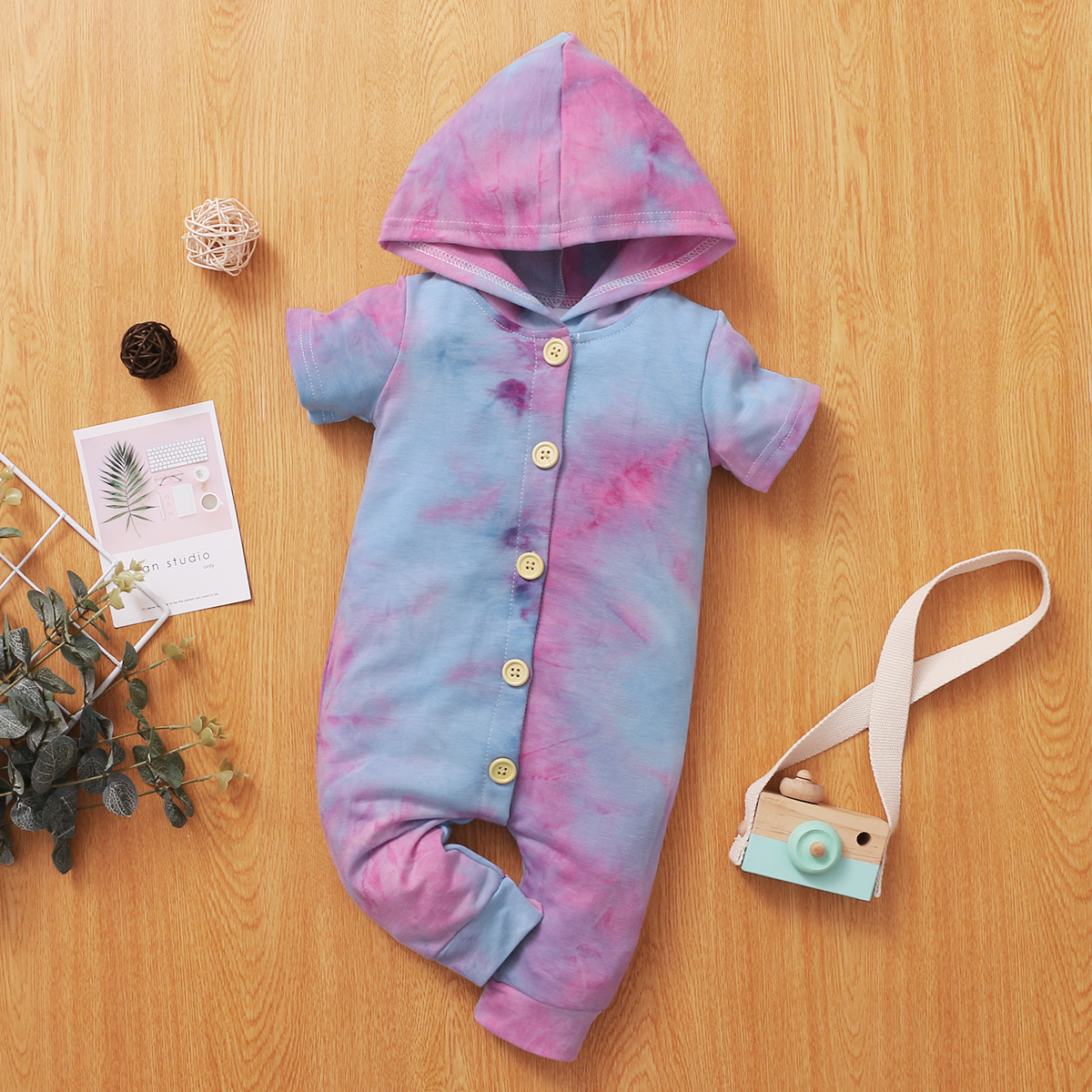 

Tie Dyed Color Block Hooded Short-sleeve Baby Jumpsuit