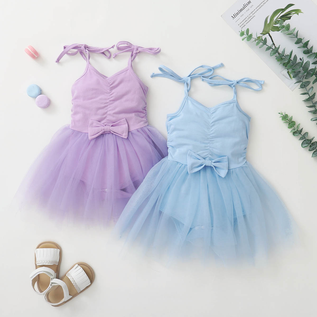 

Solid Bow Decor Mesh Layered Sleeveless Baby Romper
