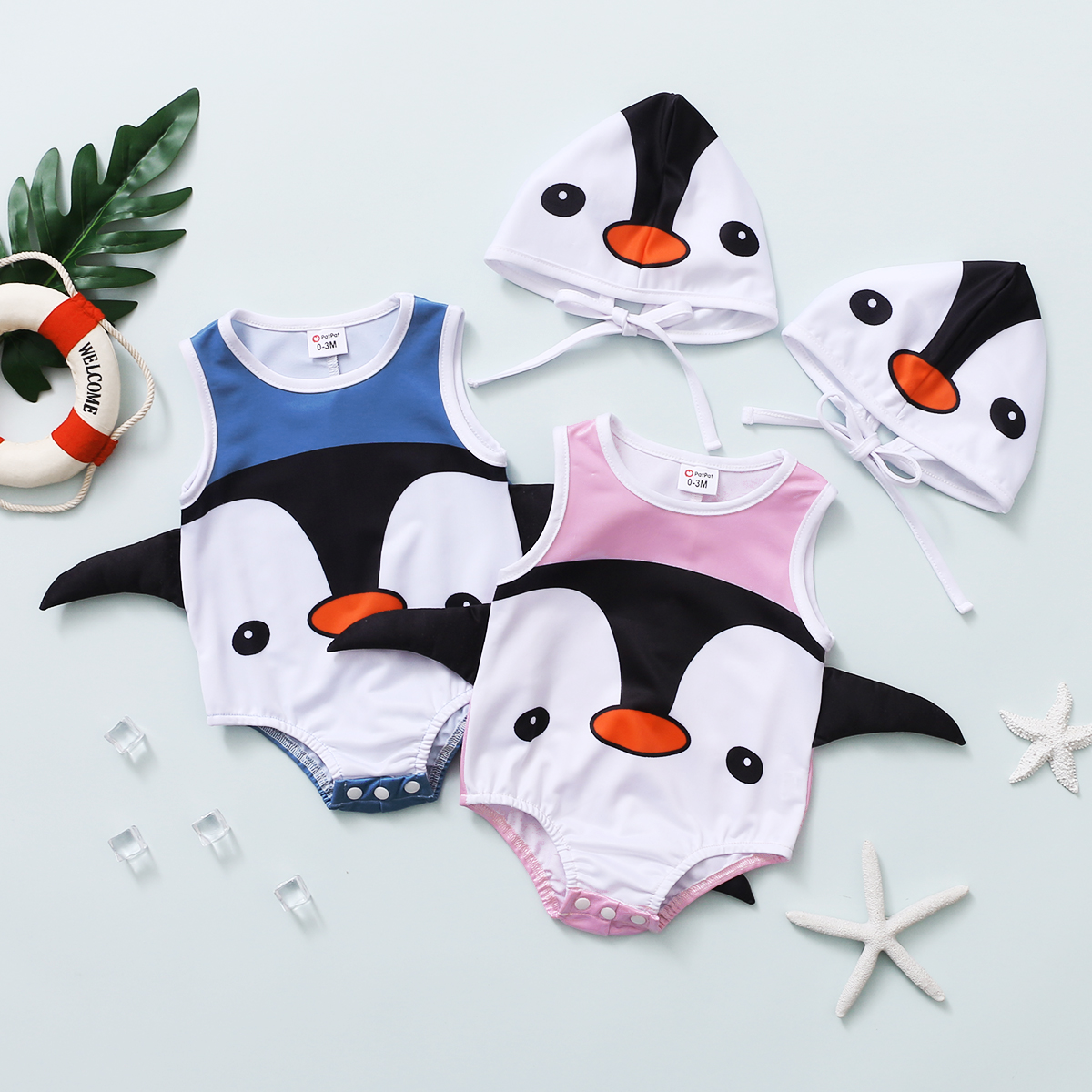 

Cartoon Penguin Print Sleeveless Baby Swimsuit Set