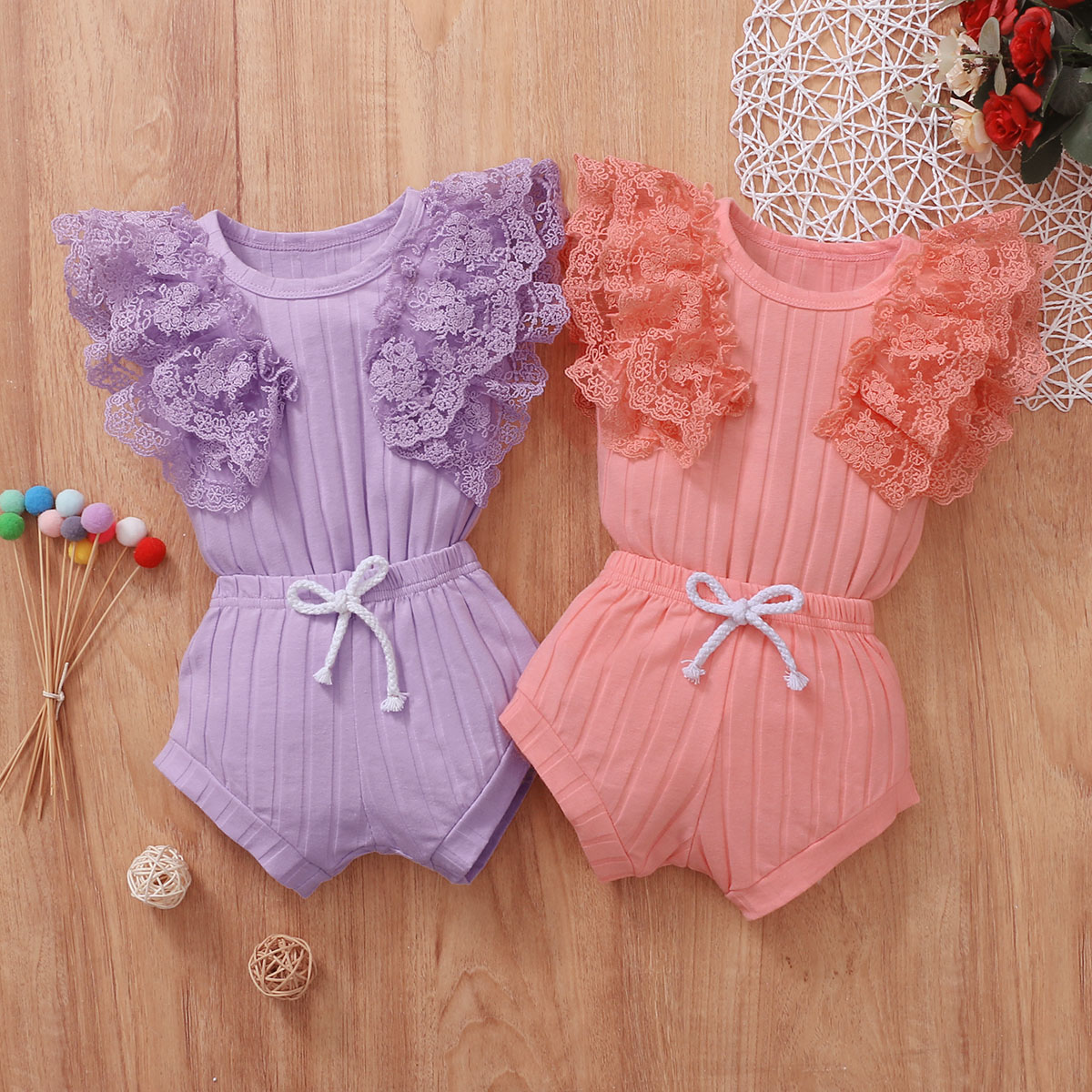 

2pcs Baby Girl Flutter-sleeve Solid Cotton Summer Fashionable Baby Sets