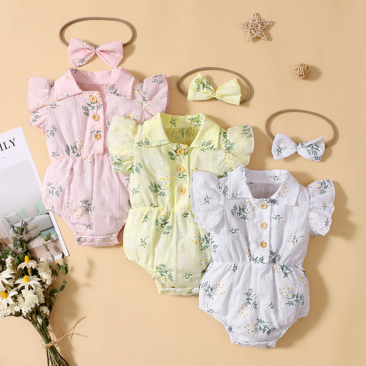 

100% Cotton 2pcs Floral Print Baby Romper Set