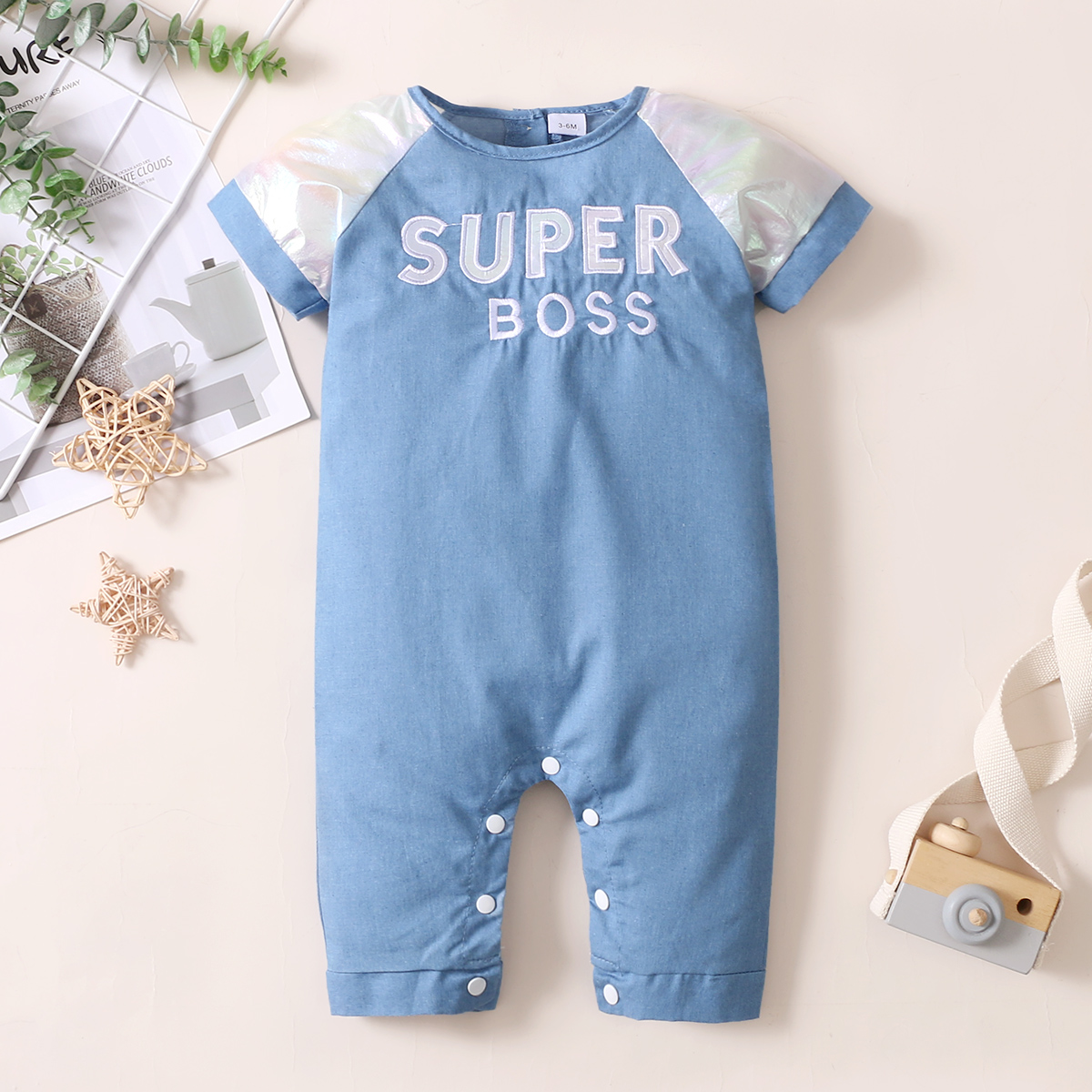 

Denim Letter Print Short-sleeve Baby Jumpsuit