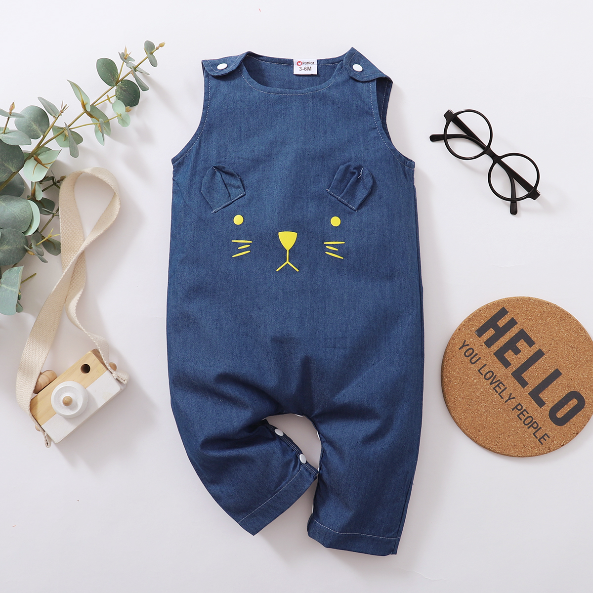 

Cat Face Sleeveless Navy Baby Denim Jumpsuit