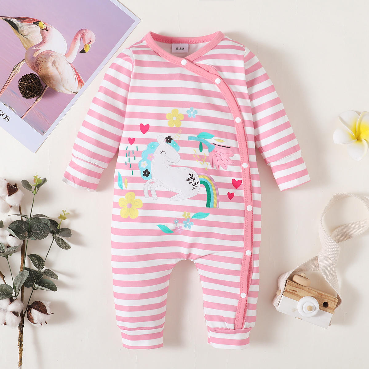 

Unicorn Patch Long-sleeve Pink Striped Baby Jumpsuit