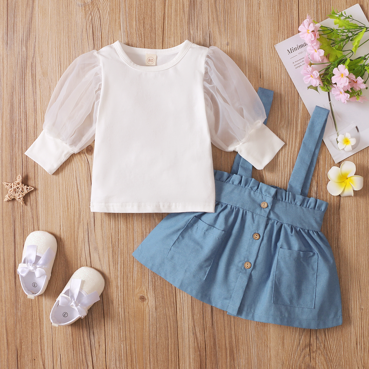 

2-piece Toddler Girl Mesh Sleeve Stitching White Top and Denim Suspender Skirt with Pocket Set