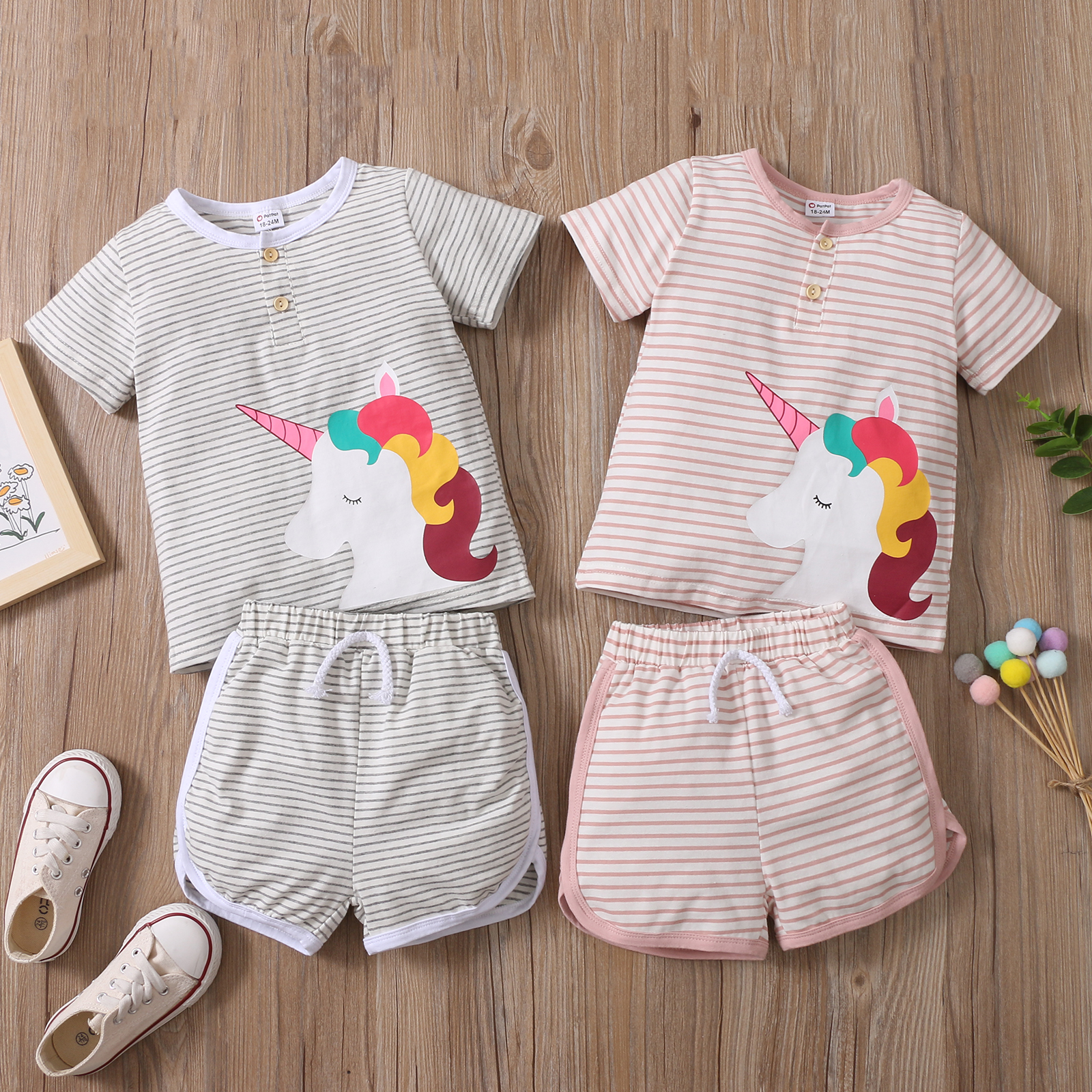

2-piece Toddler Girl Unicorn Stripe Print Top and Shorts Set