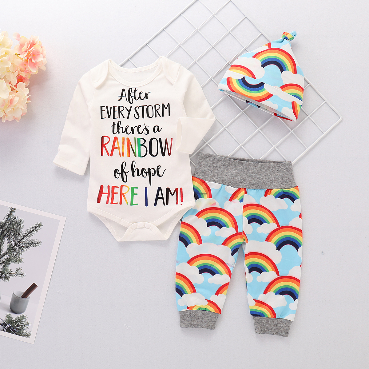 

3pcs Letter and Rainbow Print Long-sleeve White Baby Set