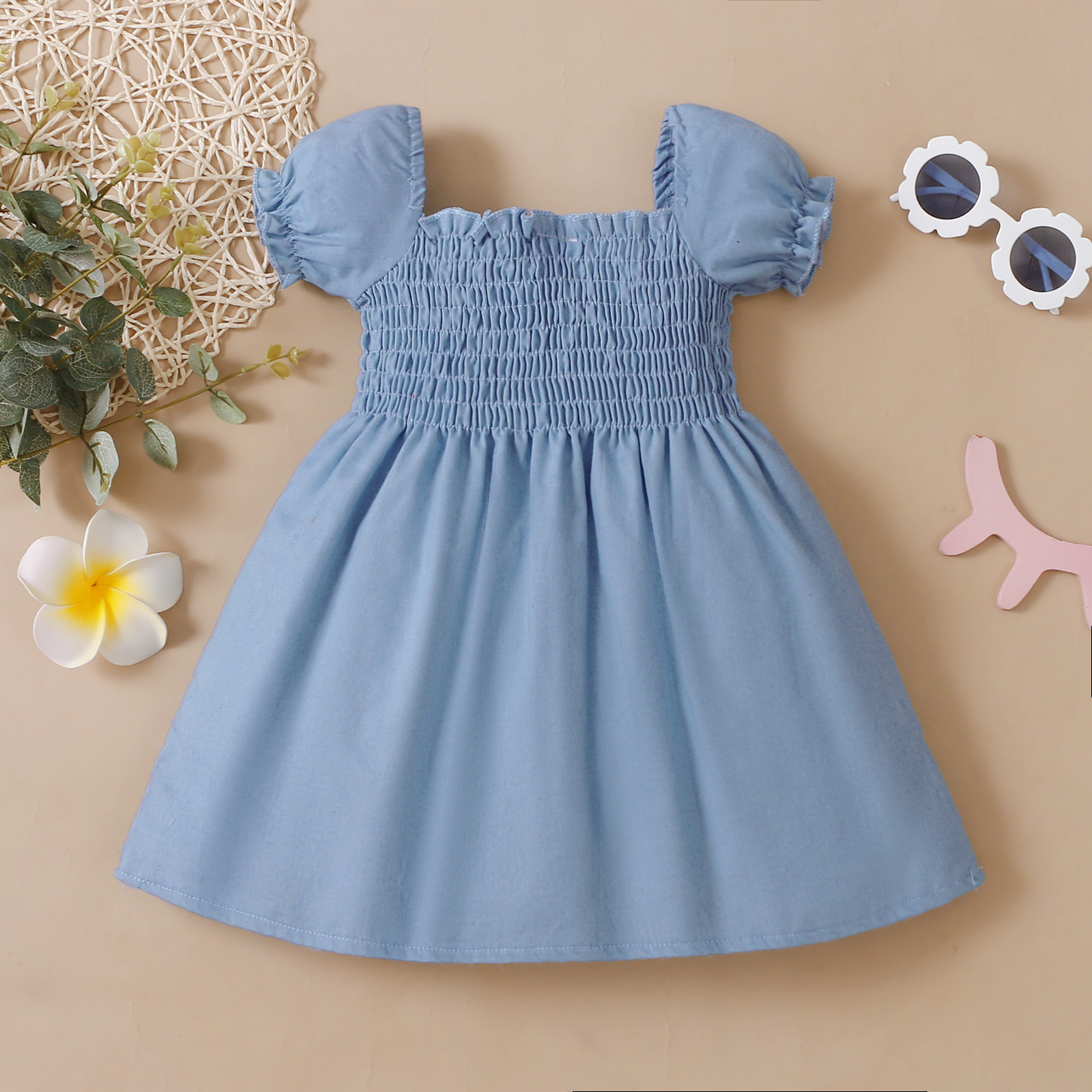 

Toddler Girl Ruffled Square Neck Short-sleeve Solid Denim Dress