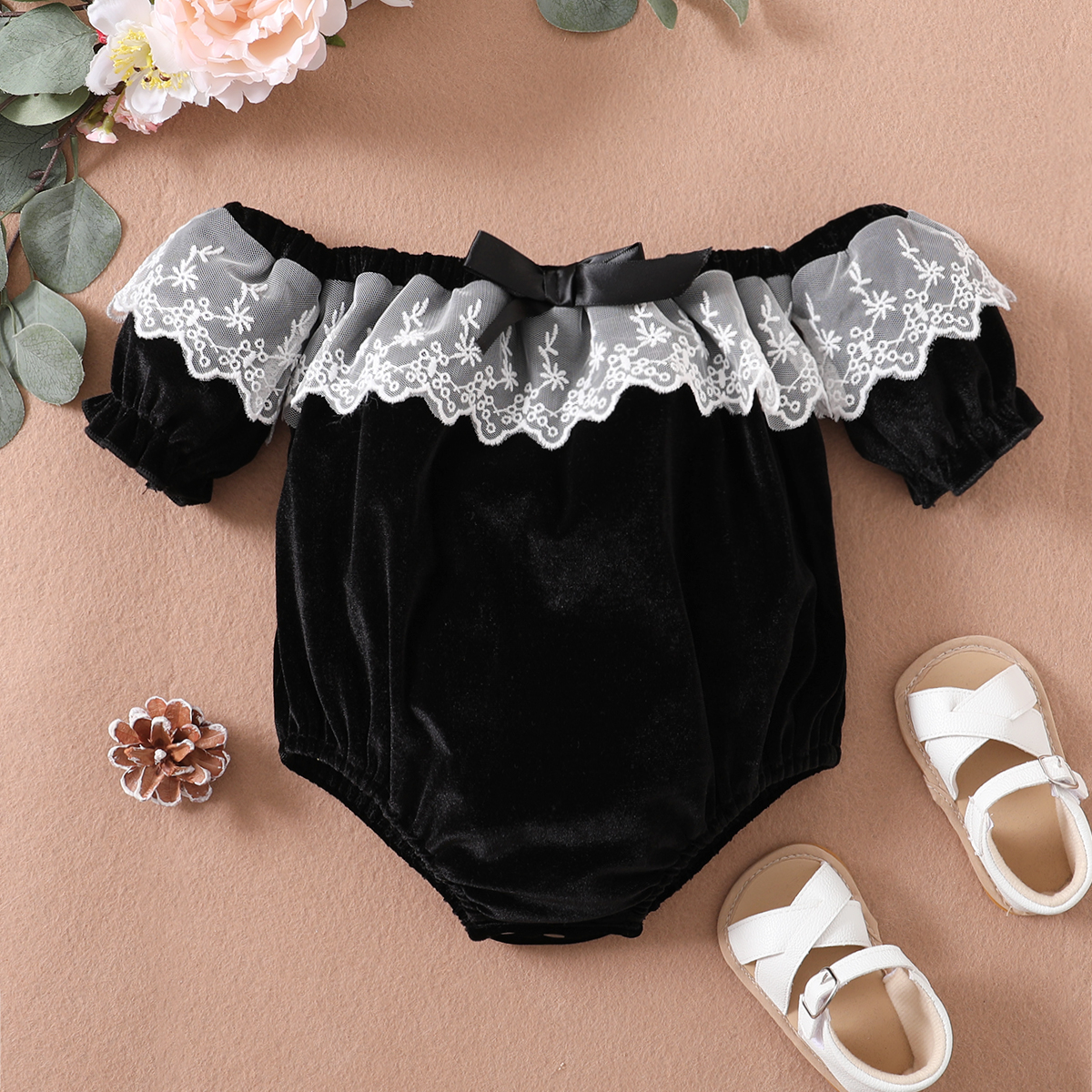 

Lace and Bowknot Decor Off Shoulder Black Baby Romper