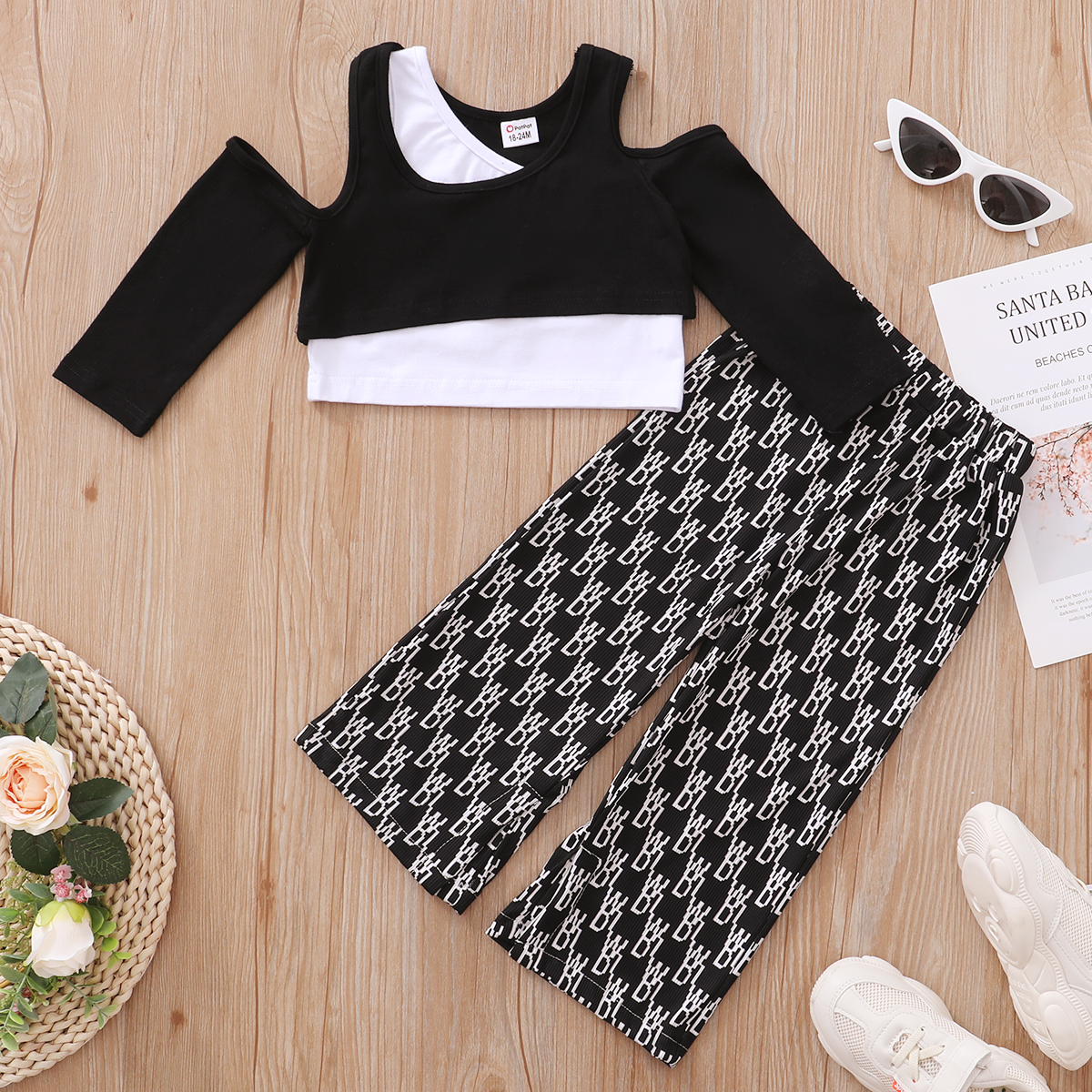 

2-piece Toddler Girl Cold Shoulder Faux-two Top and Geometric Print Elasticized Pants Set