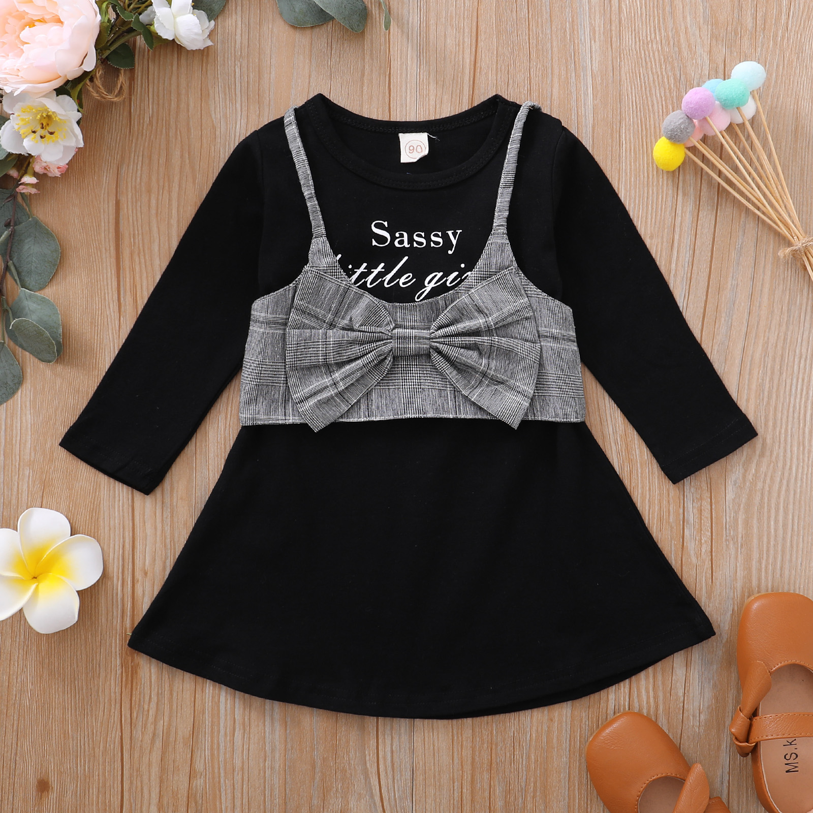 

2-piece Toddler Girl Letter Print Long-sleeve Dress and Bowknot Design Plaid Cami Tank Set